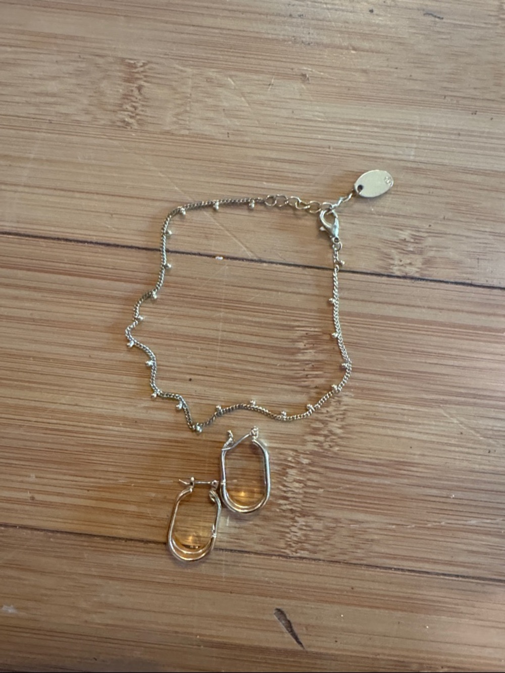 SET- Gold Tone Delicate Chain Bracelet with Hoop Earrings